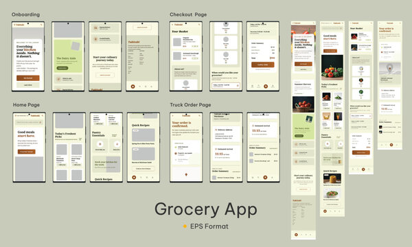 UI Kit Mobile App Grocery Store Online, Set of modern app design elements including buttons, icons, and interface components for user navigation
