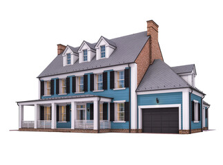 Two-story house with blue siding, gray roof, black shutters, and a welcoming front porch, isolated on transparent background, residential architecture design PNG © Francisco