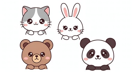 Obraz premium Kawaii Style Adorable Animals Cat Bunny Bear Panda Illustration
