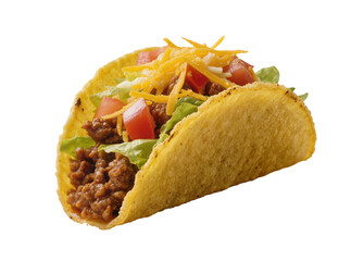 Authentic hard-shell beef taco filled with seasoned ground meat, fresh lettuce, diced tomatoes, and shredded cheese, isolated PNG perfect for food photography
