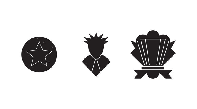 Three black and white icons of a star in a circle a person with spiky hair wearing a tie and a trophy cup on a white background