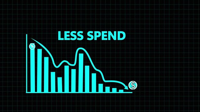  blue bar chart showing a downward trend with percentage and dollar symbols representing reduced spending and financial decrease on a dark grid backdrop Keywords: finance, economy, business. 4k