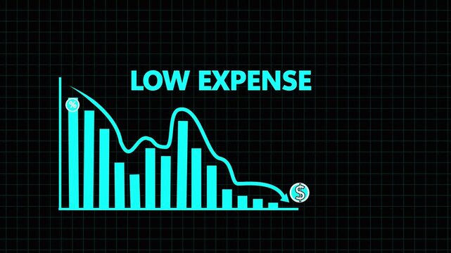  blue glowing bar graph illustrating a downward trend with percentage symbols and a dollar sign indicating low expense and financial decrease on a dark grid background.4k
