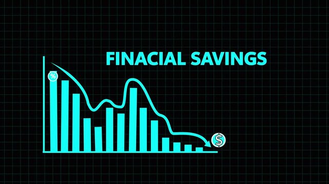 blue bar graph illustrating financial savings with percentage symbols and a dollar sign arrow indicating downward trend on a dark grid background Keywords: financial savings, financial graph.4k
