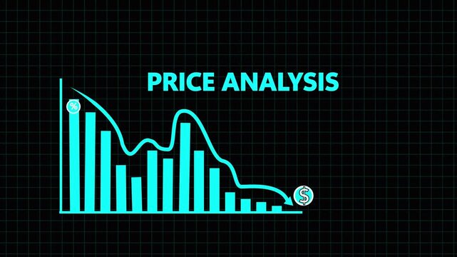  blue line graph illustrating a downward trend with percentage and dollar symbols representing price analysis and market decrease on a dark grid background. 4k
