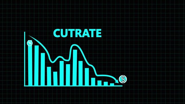  blue bar chart showing a rate cut with a downward arrow and dollar symbol indicating a reduction in financial metrics on a dark digital grid background 4k