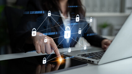 Fototapeta premium Cyber security protection and cyber security strategies against cyber threats, system hacks, digital breaches, network attacks, and safeguarding data with strong cyber security infrastructure. Spline