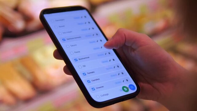 Person using grocery shopping list app on smartphone in supermarket. Close-up of a hand checking items on a mobile app while shopping in a grocery store. Modern digital lifestyle, smart consumerism