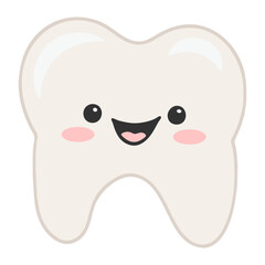 Obraz premium A cheerful cartoon tooth with a smiling face and rosy cheeks on a white background