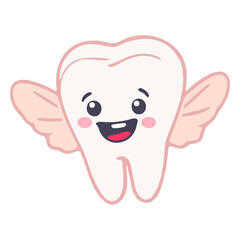 Obraz premium A cheerful cartoon tooth with wings and a smile