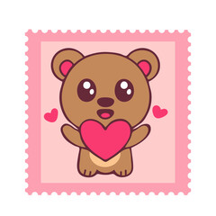 Fototapeta premium A cute cartoon bear holding a heart on a pink stamp