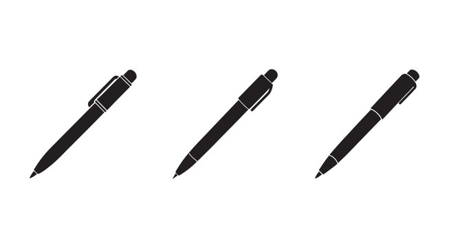 Three black ballpoint pens in different positions on white background  office supplies