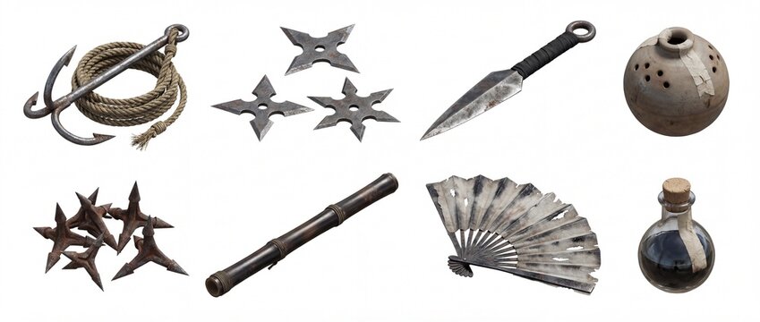 A diverse collection of ancient weapons and stealth tools including a rusty anchor, shurikens, kunai, caltrops, blowgun, iron fan, and mystery bottle.