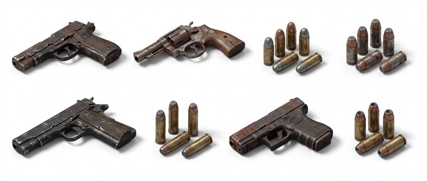Collection of rusty and damaged semi-automatic pistols, a revolver, and various bullets, isolated on a white background. Ideal for weathered themes.