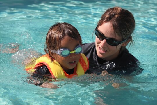 A joyful moment as a child learns to swim with a safety vest and guidance from a caring adult in a pool.