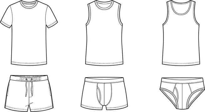 Men clothing set t shirt tank top shorts underwear outline fashion templates black line vector illustration collection apparel design
