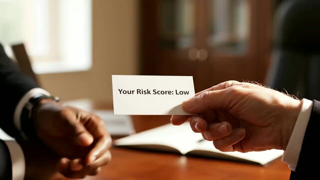 executive presents risk score card in office meeting or professionals exchange risk score card during office discussion