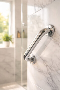 Close-up of modern chrome grab bar in stylish bathroom