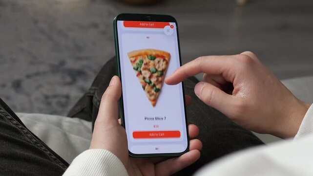 a user selecting a pizza slice on a food ordering app. Vibrant smartphone screen showing Add to Cart button and menu prices. Ideal for e-commerce, meal delivery services, digital technology trends