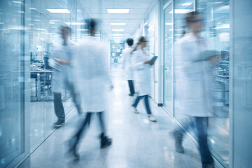 Fototapeta premium Busy lab corridor with professionals in white lab coats