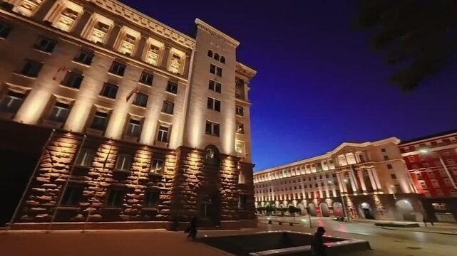 Sofia, Bulgaria - 9.20.2025. Panoramic night view of the illuminated Presidential Palace of the Republic of Bulgaria. Stunning cityscape with historic architecture and glowing lights
