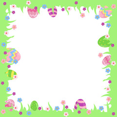 Obraz premium Happy Easter square vector frame template with colorful eggs and flowers