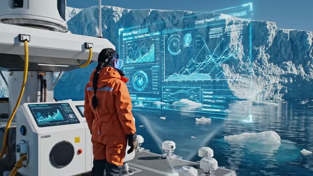 Scientist monitors climate data on a holographic interface in antarctica near glaciers studying ice melt and the effects of global warming