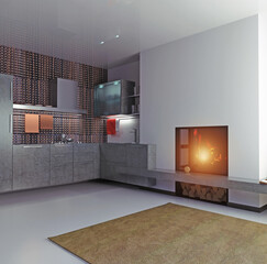 Obraz premium Modern kitchen interior with grey cabinets and built-in fireplace. 3d render home design