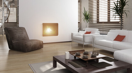 Obraz premium 3D render of a modern living room interior. Cozy space with fireplace, white sofas and coffee table