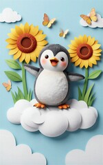 Obraz premium Cute penguin stands on cloud surrounded by sunflowers and butterflies.