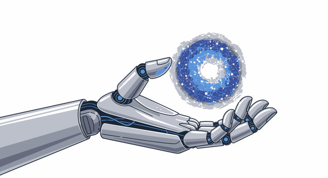 Robotic hand, futuristic technology, metallic limb, glowing blue orb, sci-fi vector