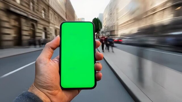 A Hand Holding a Smartphone with a Bright Green Screen, Set Against a Blurred Urban Background, Showcasing the Motion and Dynamics of City Life