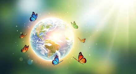 Naklejka premium Earth, butterflies, eco friendly, green planet, nature