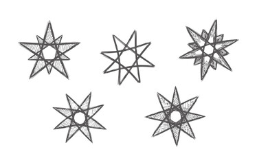 Obraz premium Five hand drawn starburst shapes with hatching detail white