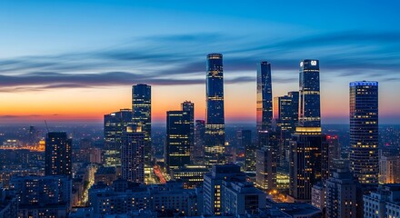 Naklejka premium Evening city skyline modern skyscrapers illuminated against a sunset sky