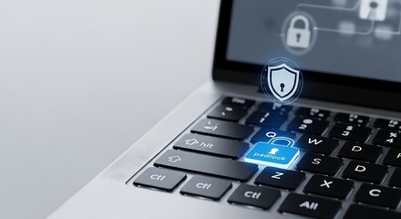 Obraz premium Close up of a laptop keyboard with digital security and protection symbols