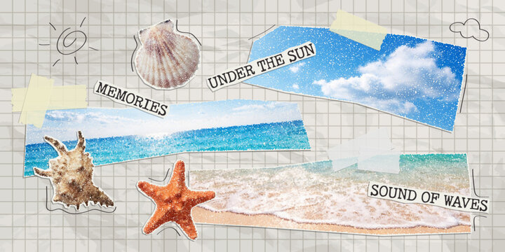 Trendy paper cutout collage summer elements with adhesive tape on a notebook sheet. Clippings of sea, beach, sun and sky.  Halftone style stickers with doodles. Modern collage template.
