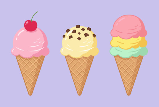 Delicious Ice Cream Cones with Strawberry Vanilla Mint Chocolate Chip and Cherry Toppings Dessert Concept Vector Illustration on Purple Base