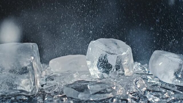Dynamic close-up of ice shards shattering and splashing in slow motion