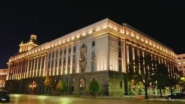Sofia, Bulgaria - 9.20.2025. Panoramic night view of the illuminated Presidential Palace of the Republic of Bulgaria. Stunning cityscape with historic architecture and glowing lights