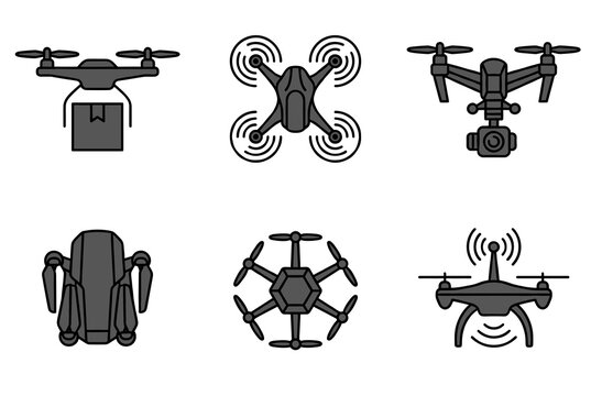 Modern Drone Technology Icons Set for Delivery, Aerial Photography and Surveillance, Different Types of Quadcopters and Hexacopters Vector Symbols Design