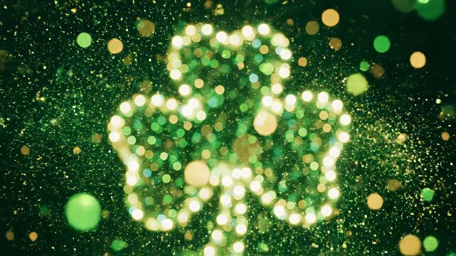 Sparkling green shamrock shapes with glittering particles and bokeh lights