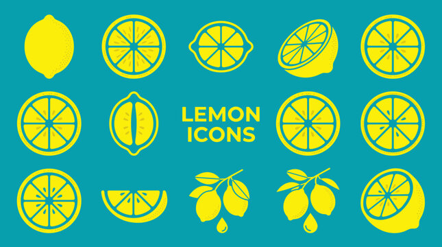 Large Collection of Yellow Lemon Fruit Icons and Slices Isolated on Turquoise Background, Citrus Food Symbols for Juice Drinks and Healthy Cooking