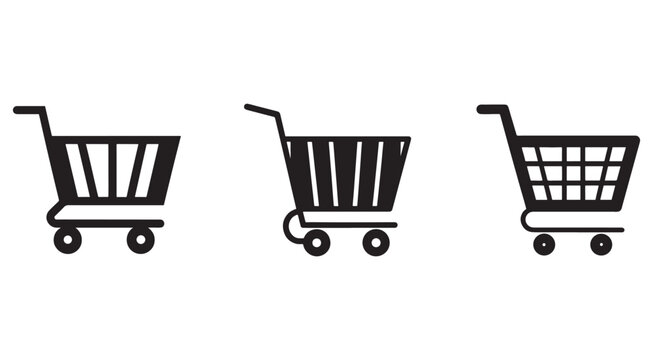 Three black shopping cart icons in different styles on white background for business and ecommerce concepts  various shopping cart designs