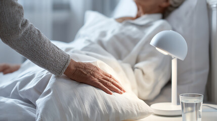 Obraz premium A caring hand gently rests on a pillow beside a resting elderly person in a serene, well-lit room.