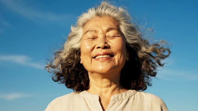 Joyful elderly woman with windblown curly hair against a clear blue sky