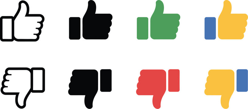 Thumbs up icon, thumb down symbol, like button finger up vector illustration, dislike sign, approve pictogram, hand finger emoji, positive and negative vote concept, flat and line vector design