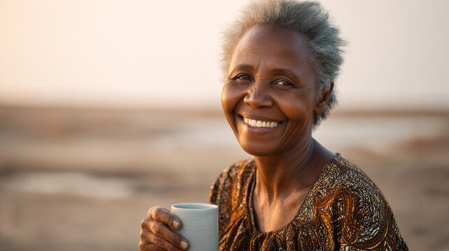 Laughing old woman with gray hair in Africa close up with a mug of water, concept of drought and water shortage. Water crisis and water shortage in summer during long drought is a global problem 