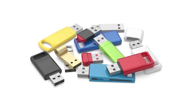 Group of different USB flash drives on white background