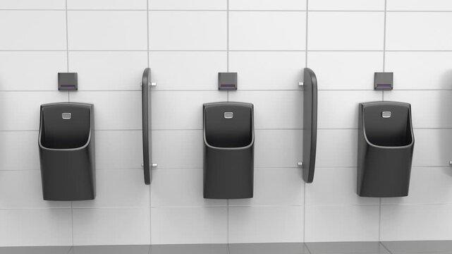 Row of black urinals in men&rsquo;s public restroom